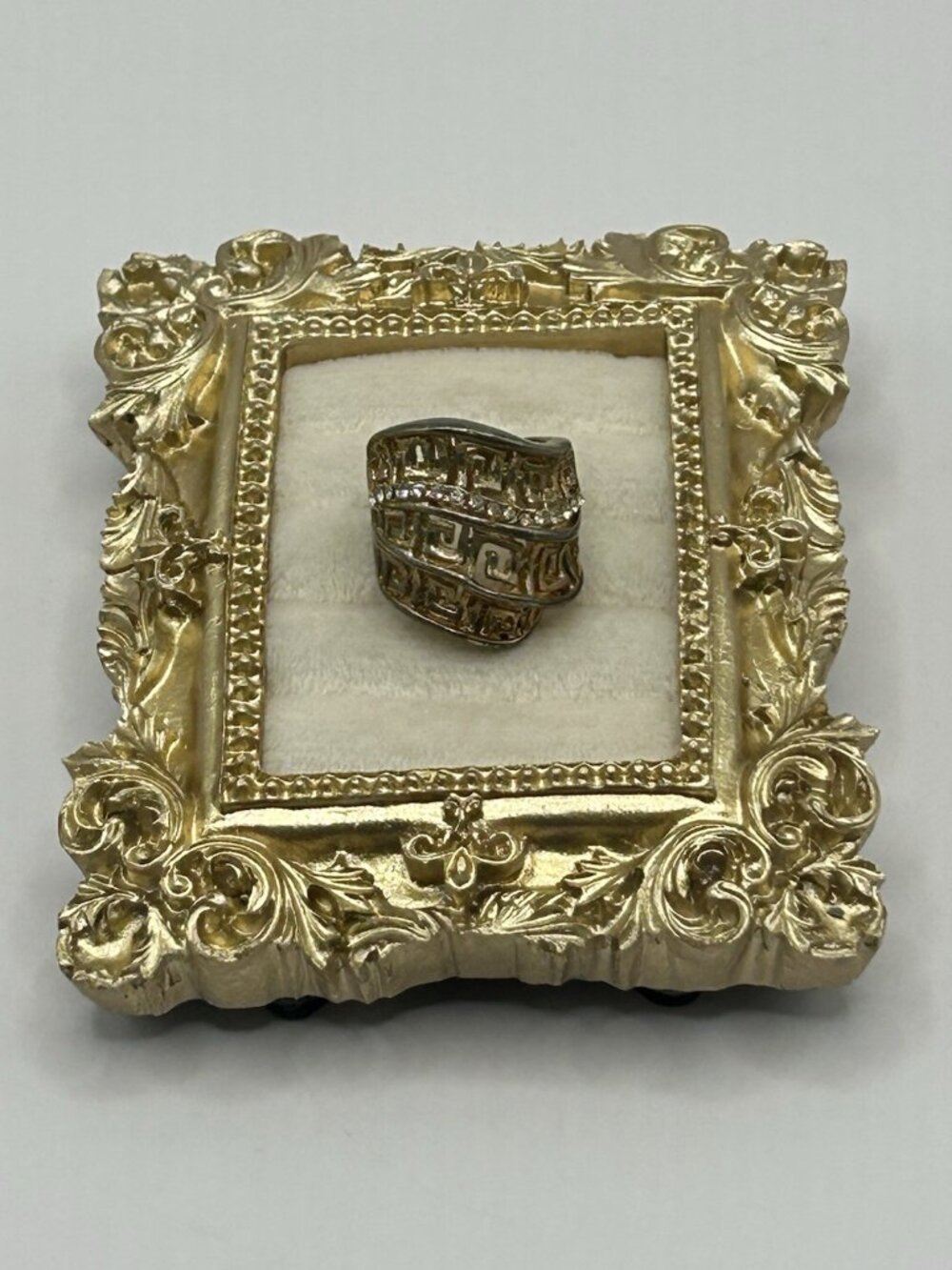 Vintage Greek Key Rhinestone Wide Band Costume Ring Gold Tone Size 5 Chunky Fun - Picture 1 of 12